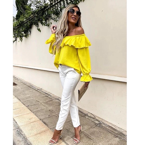 Yellow Long Sleeve Off Shoulder Ruffle Top Blouse - Picture 4 of 10